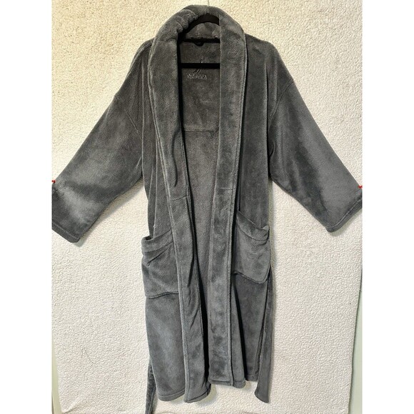 Nautica Men Plush Belted Collar Gray Long Robe One Size Regular Embroidered - Picture 6 of 15